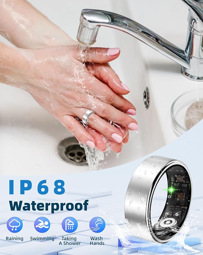 Smart Ring for Women Men Fitness Ring with Step Counting, Heart Rate, Blood Oxygen, Blood Pressure, Sleep Monitoring, IP68 Waterproof for iPhone and Android, No Subscription Fee,Silver 7#