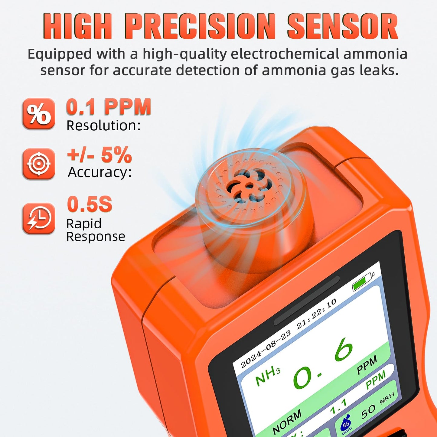 ZYKYCX Portable Ammonia Gas Detector, 0-200 PPM Rechargeable Ammonia Gas Monitor, Digital Air Quality NH3 Gas Meter with Temperature Humidity Tester for Farm, Poultry, Pig & Livestock, Orange