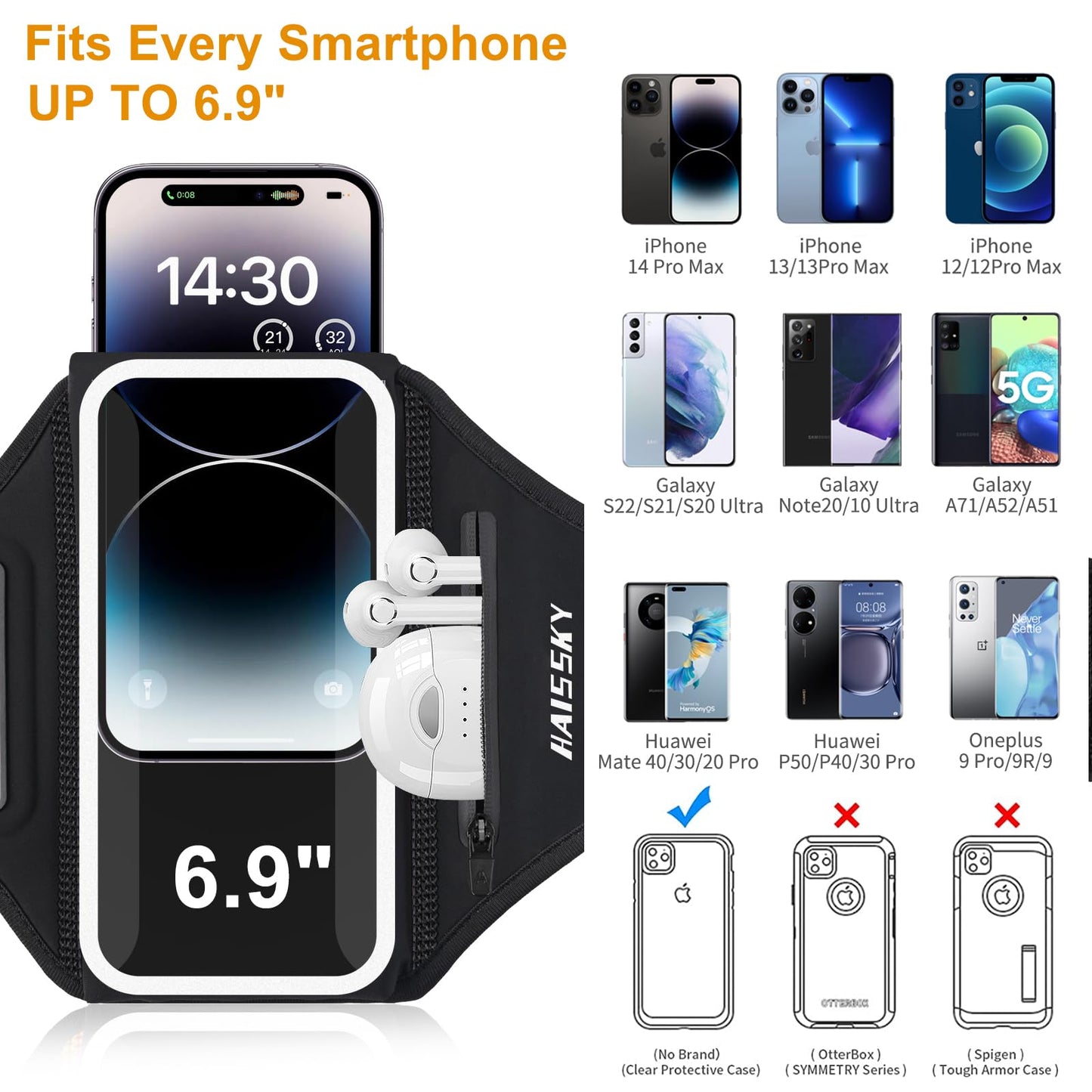 Running Armband with Earphone Bag Cell Phone Armband for iPhone 17 16 15 Pro 14 Plus 13 11 XR, Galaxy S24/S10 Water Resistant Sports Phone Holder Case & Zipper Slot Car Key Holder for 6.9 inch Phone