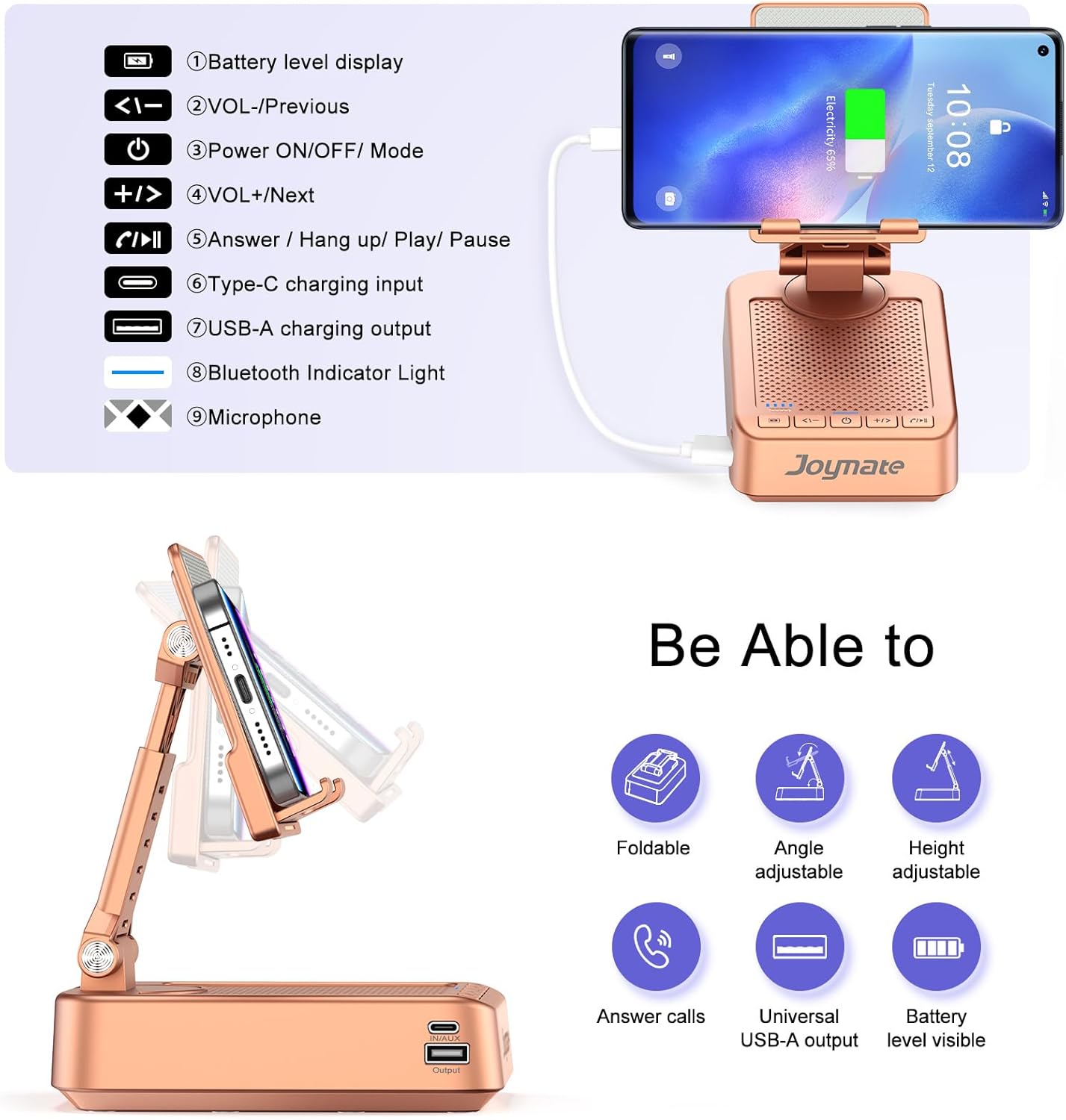 Joymate 360 Gifts for Women Girls, Bluetooth Speaker Phone Stand with Charging Function Rotable Adjustable Cell Phone