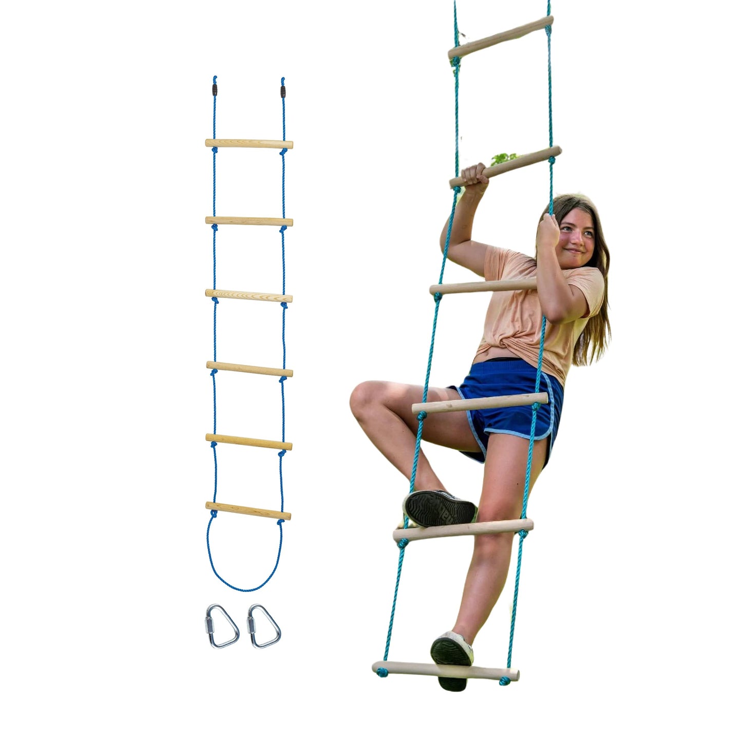 Trelines 7 ft. Wooden Climbing Rope Ladder - Kids Ninja Warrior Obstacle Course Accessory - Perfect for Enhancing a Ninja Slackline, Tree Branch, Swing Set Kit - Tree Play Equipment - Ages 5+ 250 lbs.