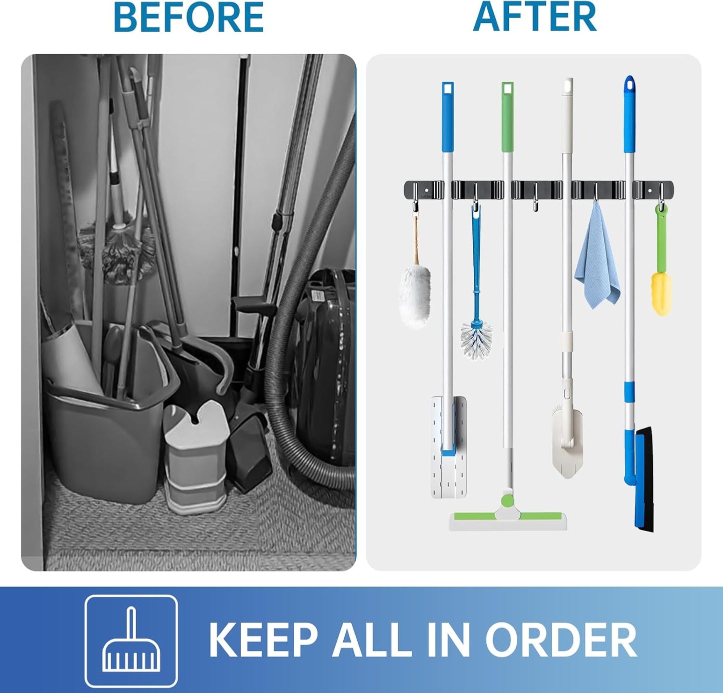 ZONGOOL Broom Holder Wall Mount - Heavy Duty 2 Pack Organizer with 4 Racks & 5 Hooks | Black