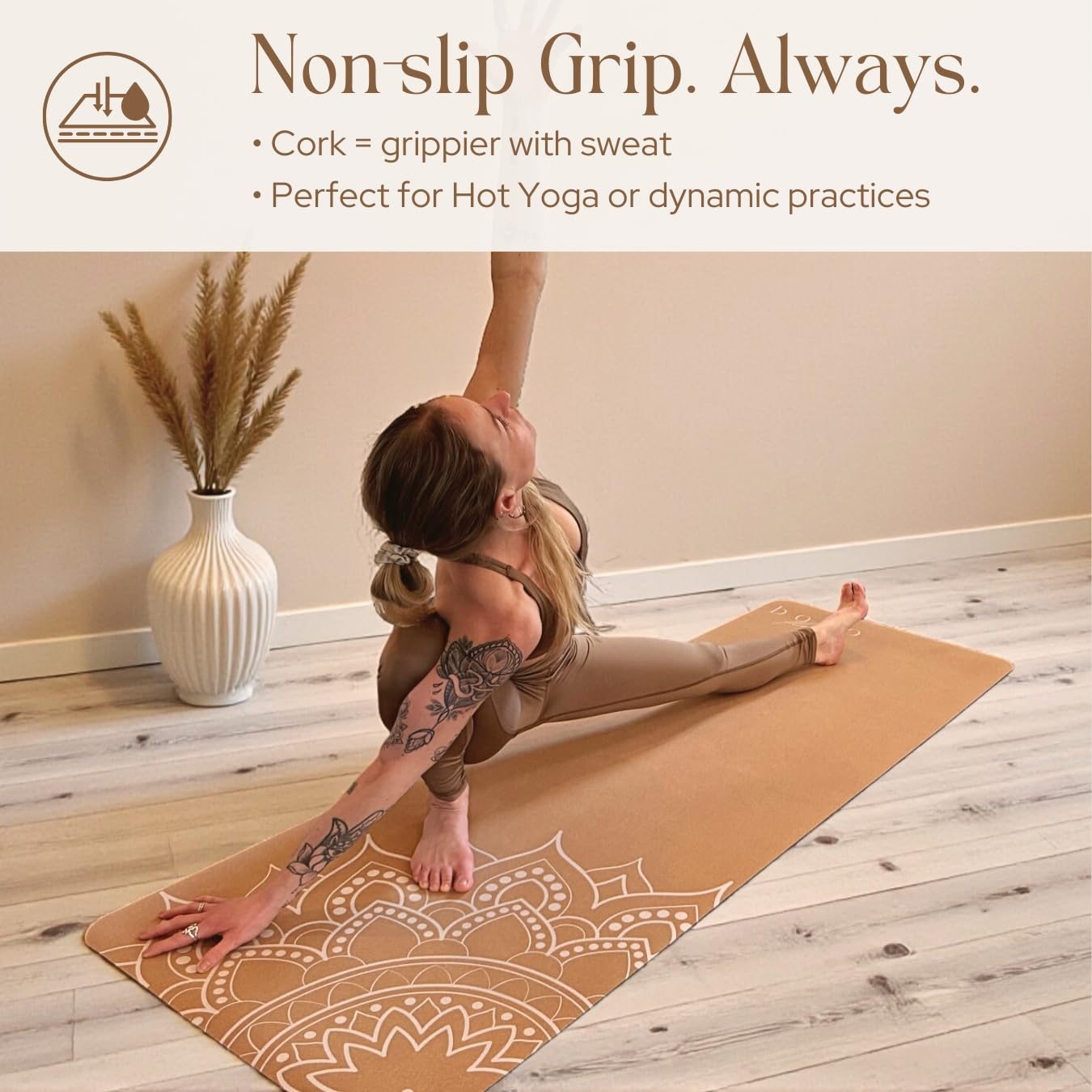Boho Flow Aesthetic Cork Yoga Mat 72” x 26” – Elegant Signature Mandala Design on Quality Portuguese Cork with 5mm Solid Tree Rubber Base for Lasting Stability – Non Slip Grip, Odor Free and Non Toxic – Includes Carry Strap