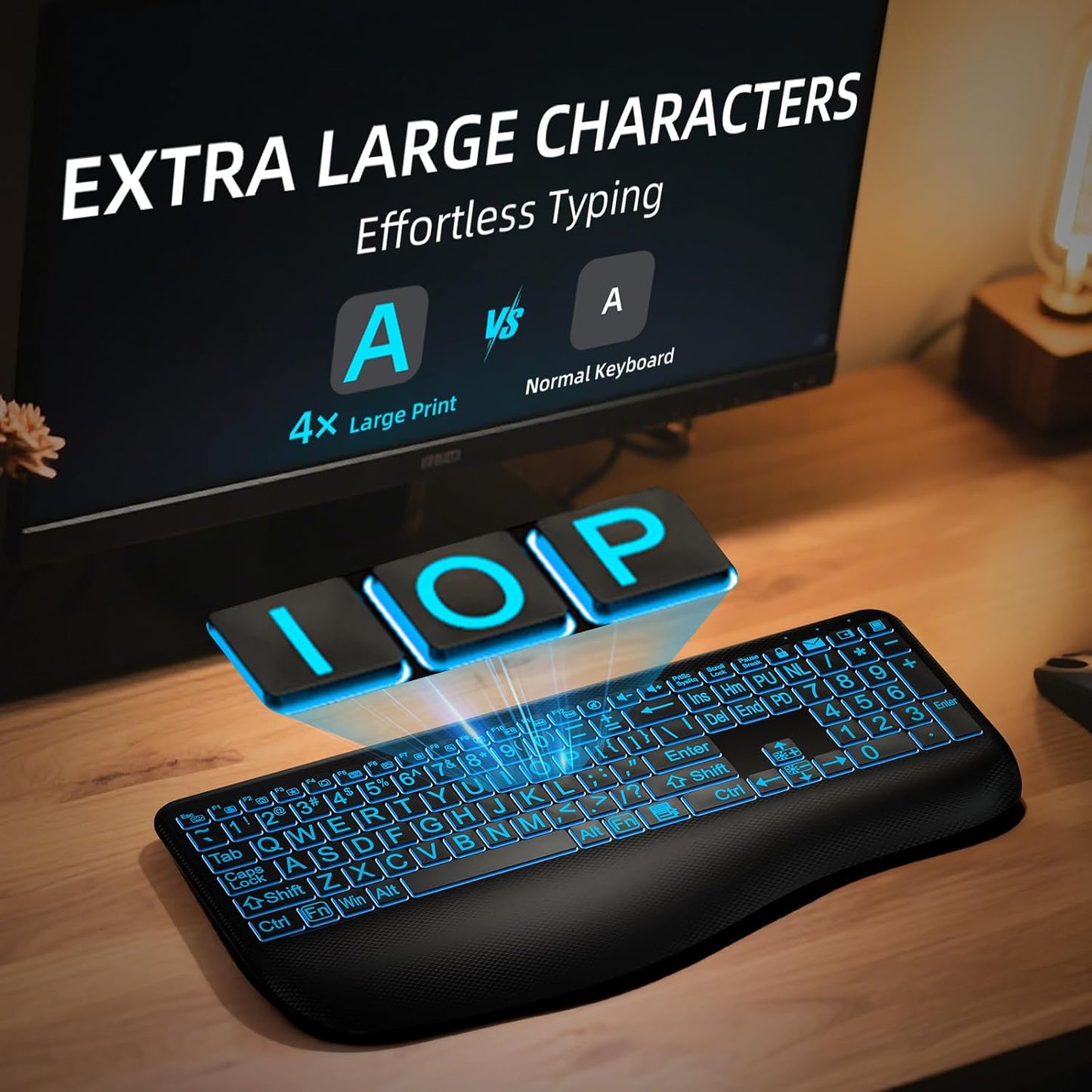 Hamile 7-Color Setting, Large Print Wireless Backlit Keyboard Rechargeable Quiet Low-Profile Keys, Light up with Memory
