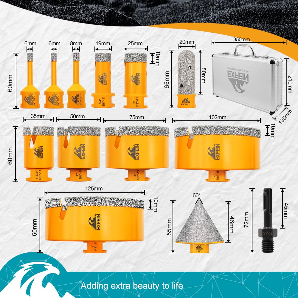EXFEIN Tile Hole Saw Kit 13pcs - Diamond Core Drill Bits 6/6/8/19/25/35/50/75/102/125mm for Tile Porcelain Marble Granite with 20mm Diamond Finger Bit and 2" Chamfer Bit Trimming Hole and SDS Adapter