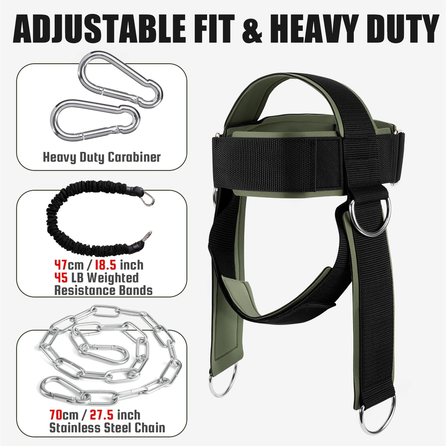 Neck Harness for Weight Lifting, Soft Padded Neck Exerciser Trainer Strap with Heavy Duty Steel Chain, Adjustable Head Chin Muscle Strengthener to Support Injury Recovery and Intense Workouts