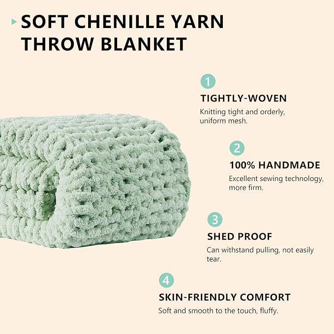 L'AGRATY Chunky Knit Blanket Throw: 60''x80'' Chenille Chunky Knitted Throw Blanket for Bed Couch - Handmade Thick Big Cable Knit Blanket - Large Crochet Rope Blankets for Home Decor(Milky Green)