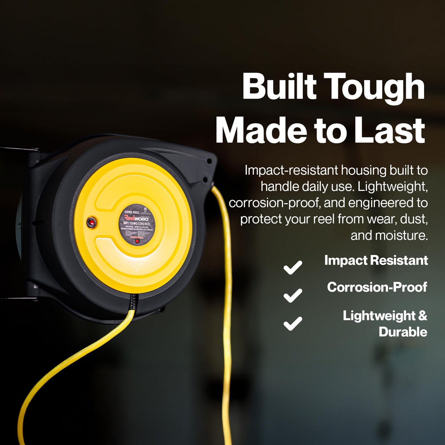 ReelWorks Extension Cord Reel Retractable 12AWG x 50' Foot 3C/SJTOW Glow Strip Cable and Lightup Triple Tap Connector Advanced Slow Retraction Technology (SRT)
