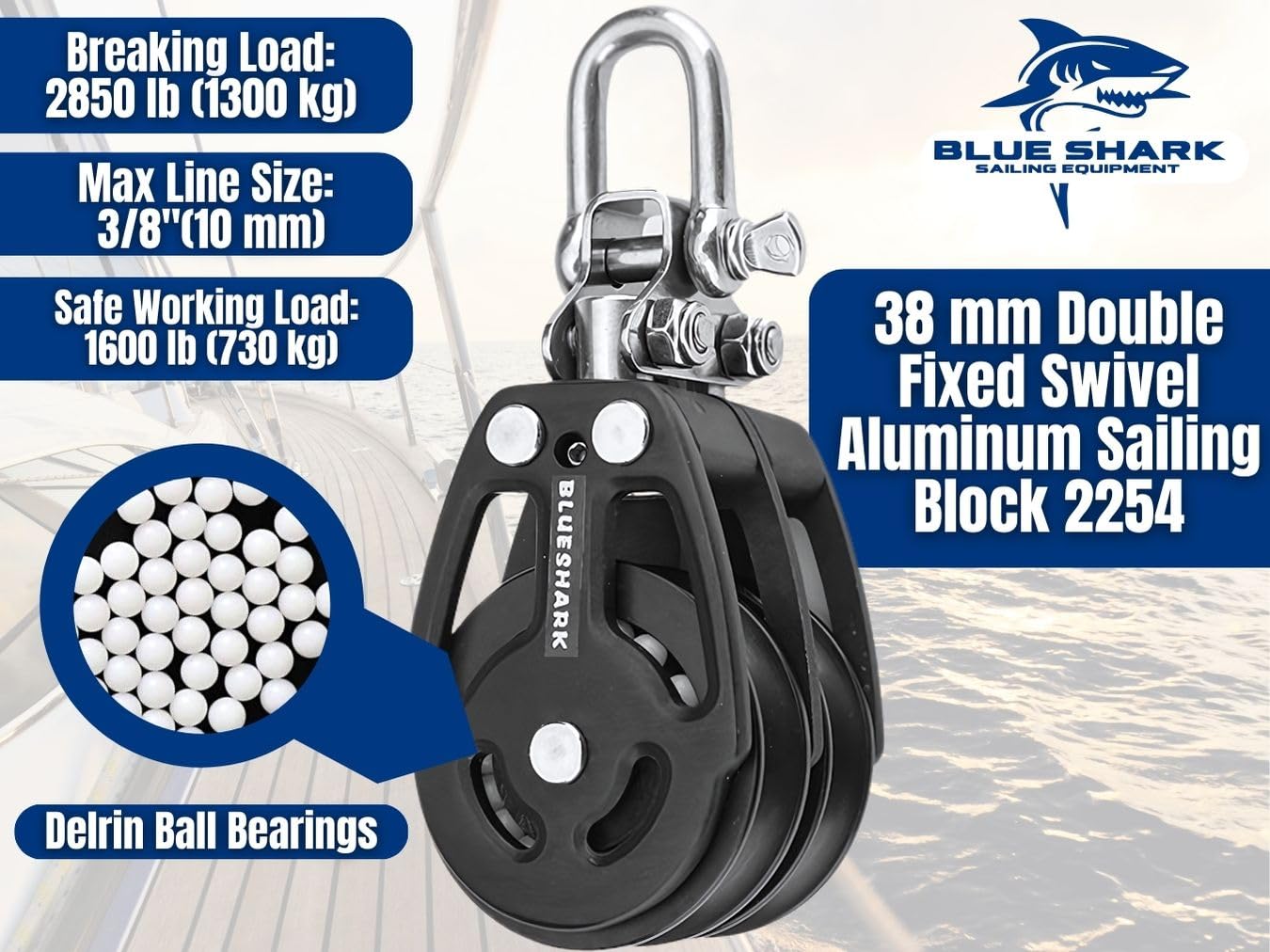 Blue Shark 2254-38 mm Fixed Double Aluminum Sailing Block - Max Line: 3/8” (10 mm), Safe Working Load (SWL): 1600 lbs, Breaking Load: 2850 lbs (1-Pack)