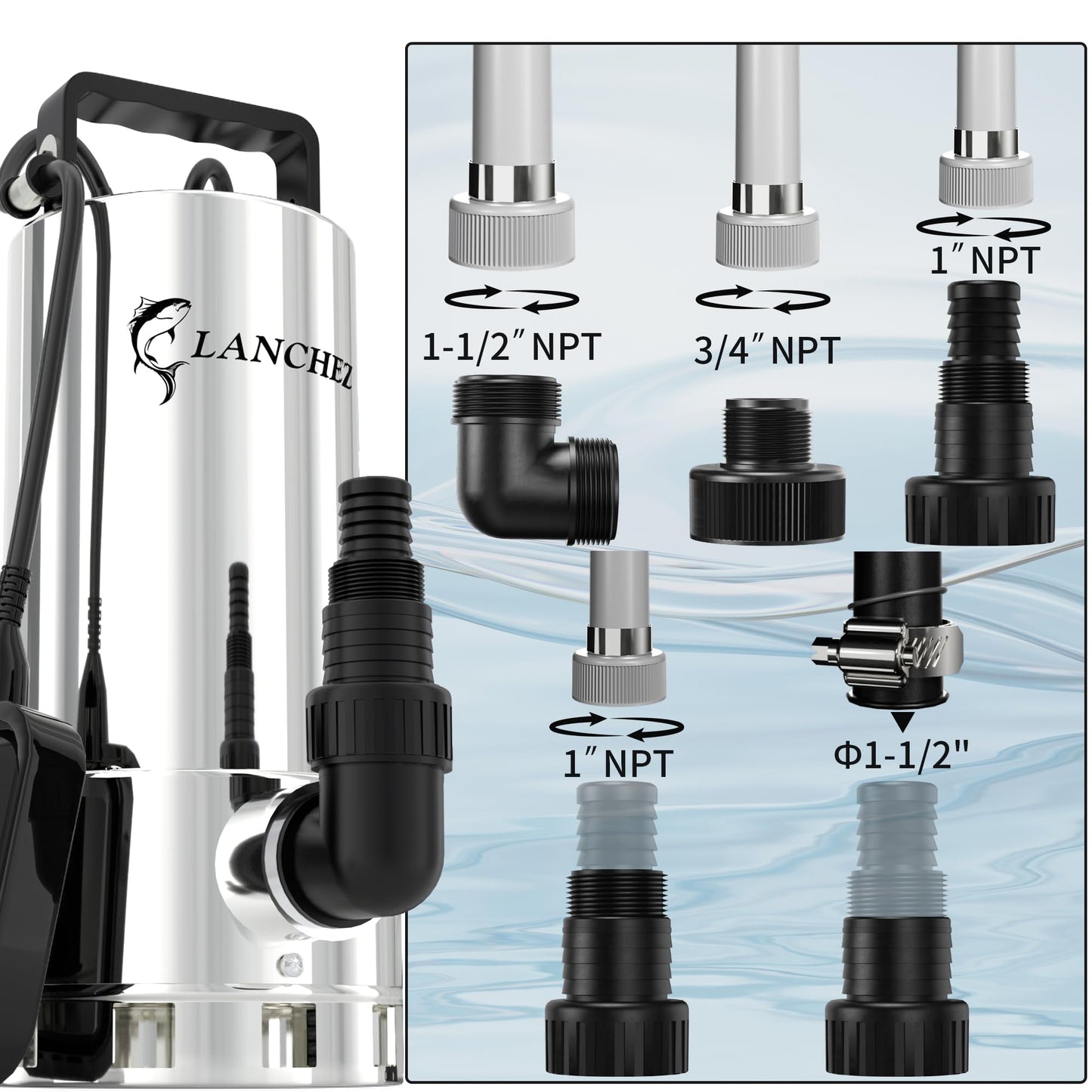 LANCHEZ 1.6HP 6000GPH Sump Pump, Stainless Steel High Flow Submersible Water Pump with Float Switch, Automatic Transfer Water Pump for Swimming Pool Basement Flooded Pit Sewage Sink Tub, Silver