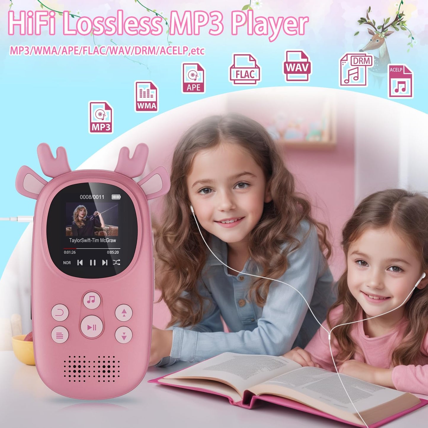 CCHKFEI 32GB MP3 MP3 MP3 MP3 Player for Kids, Cute Reindeer Portable Kids Player with Speakers Children Player