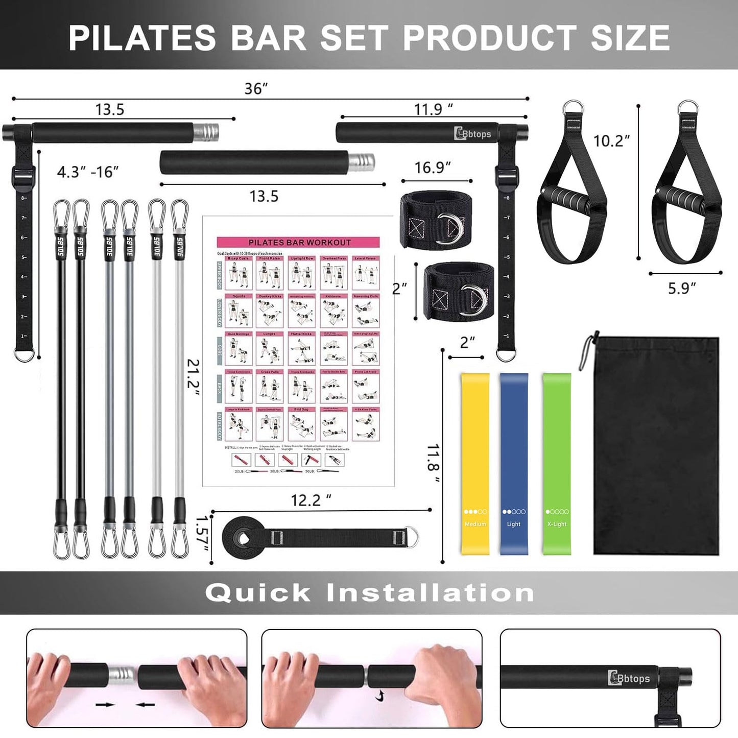Pilates Bar Kit with Resistance Bands, Upgraded Multifunctional Screw Yoga Pilates Bar with Metal Adjustment Buckle, Portable Home Gym Pilates Bar for Women Men Full Body Workout Equipment Black