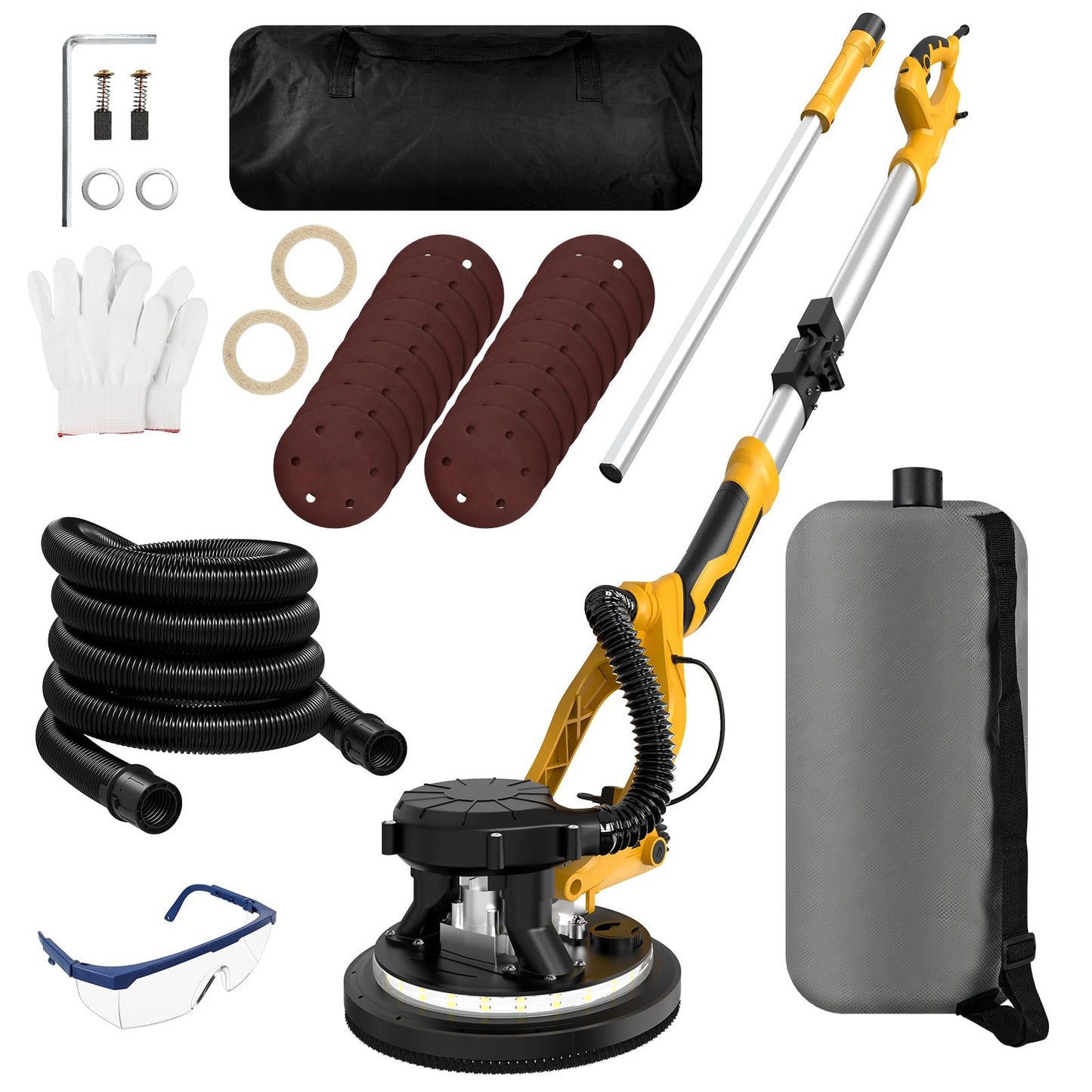 1250W Drywall Sander, 11.5A Electric Drywall Sander with Vacuum Dust Collector, 800-1800RPM 5 Variable Speed, Popcorn Ceiling Removal Tool with Extendable Handle, LED Light, 18x Sanding Discs