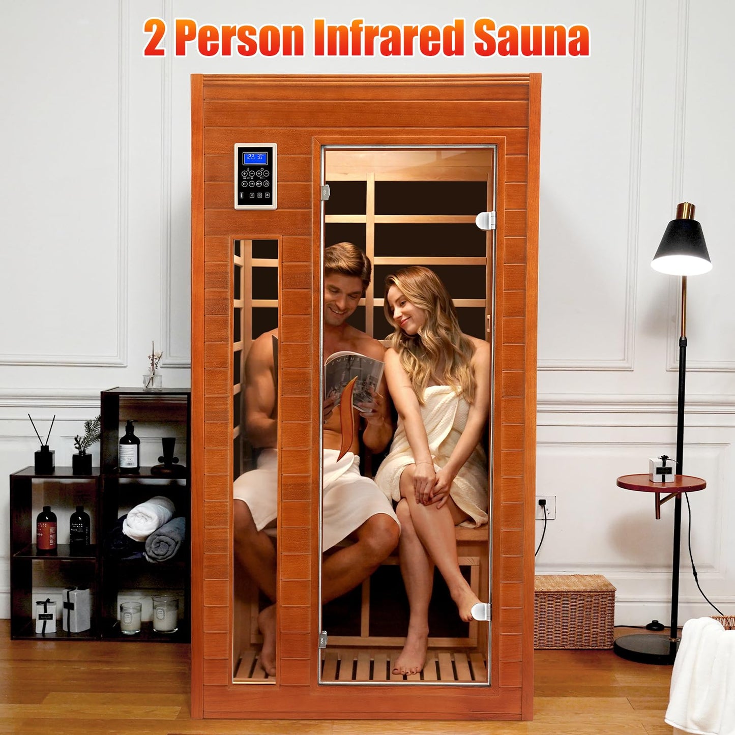 X-Vcak 1-2 Person Infrared Sauna, Dry Heat Sauna with Red Light Therapy, Bluetooth, Radio, 7-Color Therapy Light for Home, Indoor, Gym, Wellness Center, 40″ x 36″ x 73″, Brown