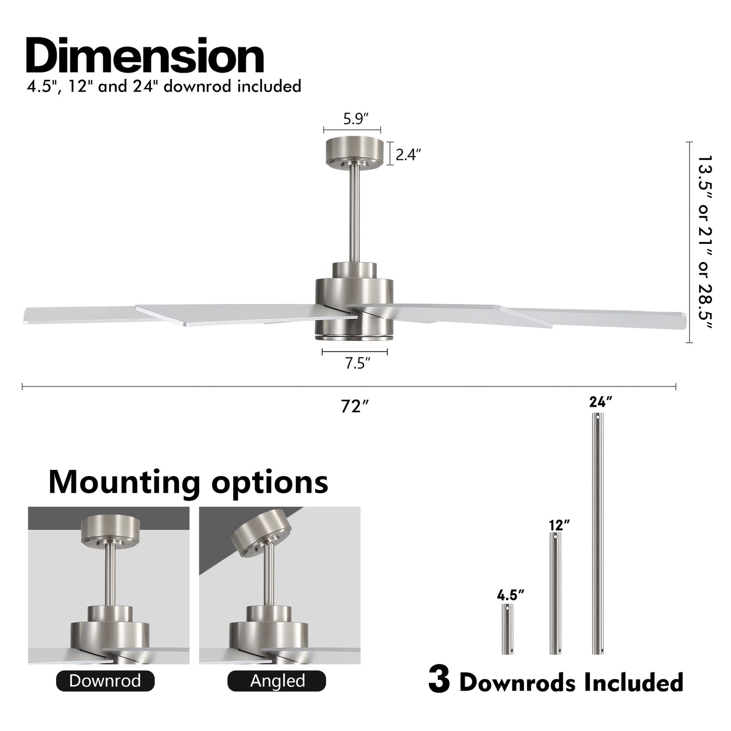 WINGBO 72" Large DC Ceiling Fans with Lights and Remote, 3 Downrods, 8 Plywood Blades, 6-Speeds Reversible DC Motor, 3CCT, Indoor Ceiling Fan for Bedroom Living Room Patio, Brushed Nickel and Silver