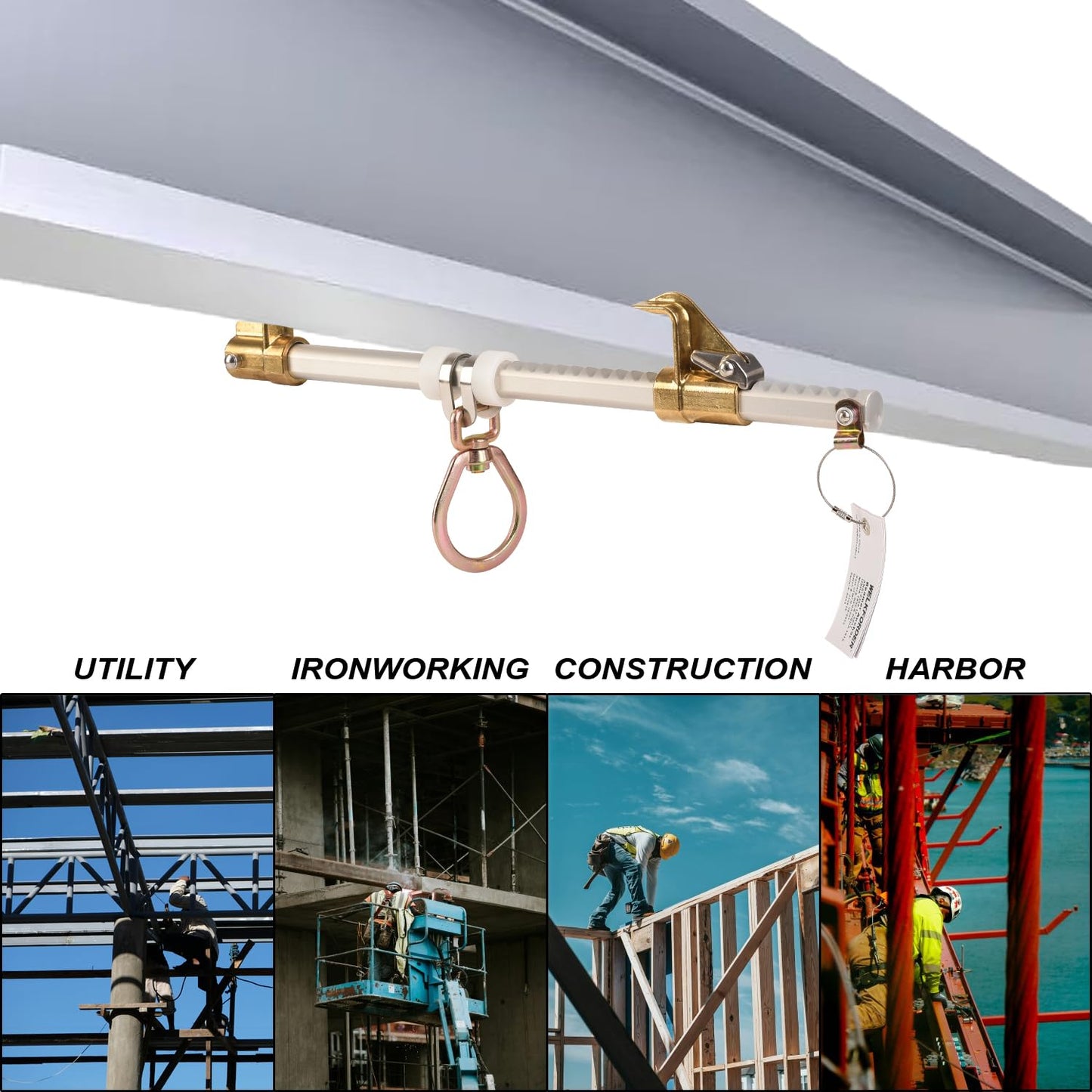 WELKFORDER Horizontal Sliding Beam Anchor Fits 3.5" to 14" Beams [Rugged & Reusable Aluminum] ANSI & OSHA Compliant Fall Protection Positioning Equipment