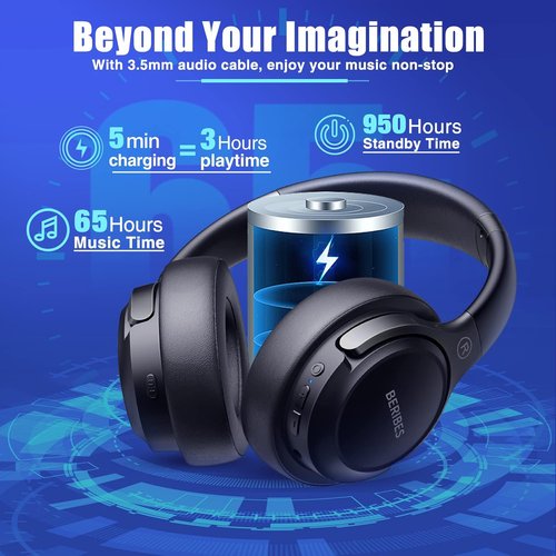 **BERIBES Bluetooth Headphones - Wireless Over-Ear HiFi Stereo with 65H Playtime & 6 EQ Modes | Lightweight, Foldable Design**