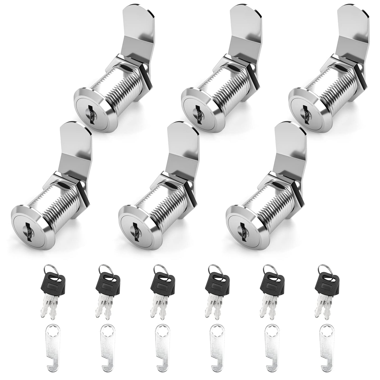 goldenwarm 6 Pack Cam Locks Keyed Alike Cabinet Lock File Locks 1-1/8'' Toolbox Lock with Keys Mailbox Lock, Fits on 1'' Board Thickness, Zinc Alloy with Satin Nickel Finish