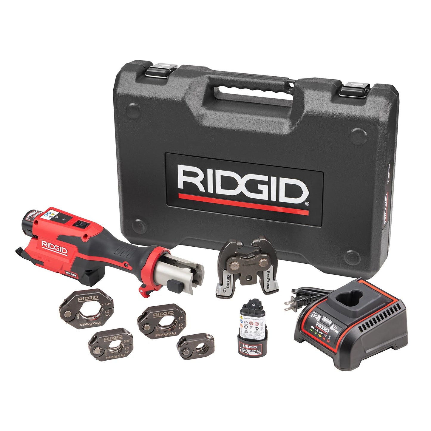 RIDGID 78198 RP 251 Compact Press Tool Battery Kit with ProPress Rings (1/2" to 1-1/4") and C1 Actuator, In-Line Pressing Tool for Copper, Stainless Steel, PEX, and Carbon Steel