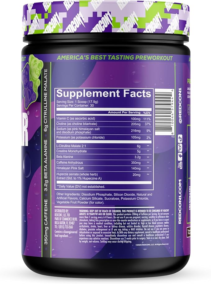 REDCON1 Total War Reloaded Pre Workout, Sour Gummy Bear - Creatine, Beta Alanine + L-Citrulline Malate Keto Friendly for Men & Women with 350mg of Caffeine - Fast Acting (30 Servings)