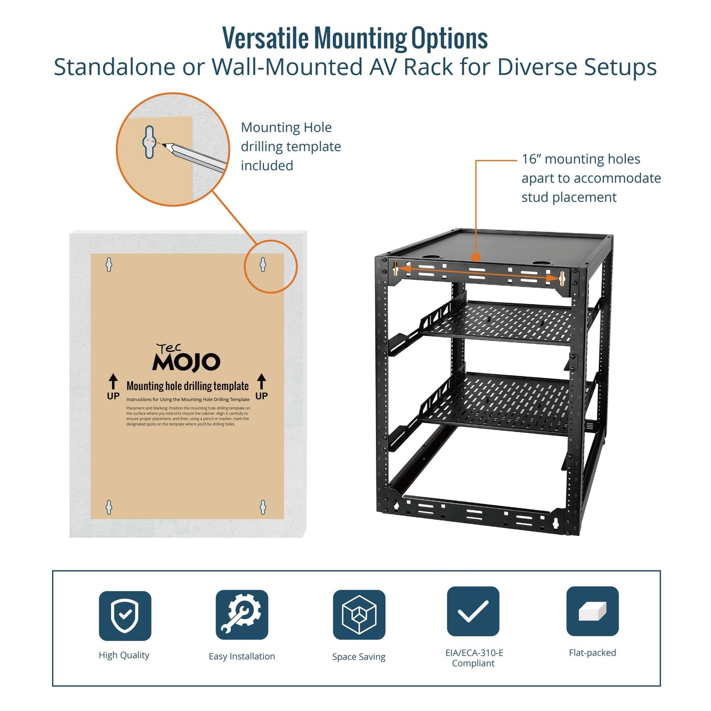 Tecmojo 16U Open Frame Network Rack for IT & AV Gear, AV Rack Floor Standing or Wall Mounted,with 2 PCS 1U Rack Shelves & Mounting Hardware,Network Rack for 19" Networking,Audio and Video Device