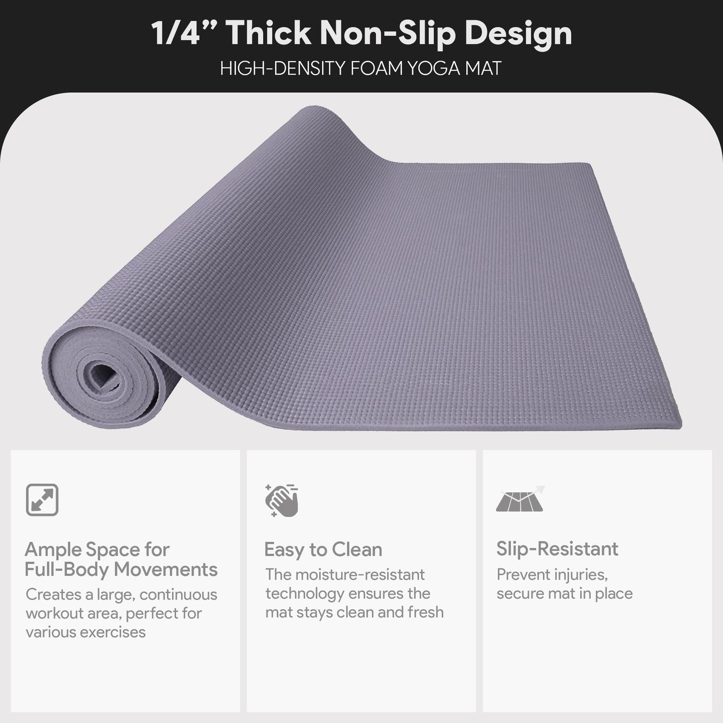 Fitvids 1/4-Inch High Density Thick Non Slip Yoga Mat with Knee Pad and Carrying Strap for Workout, Pilates, Gym Home Exercise, Grey