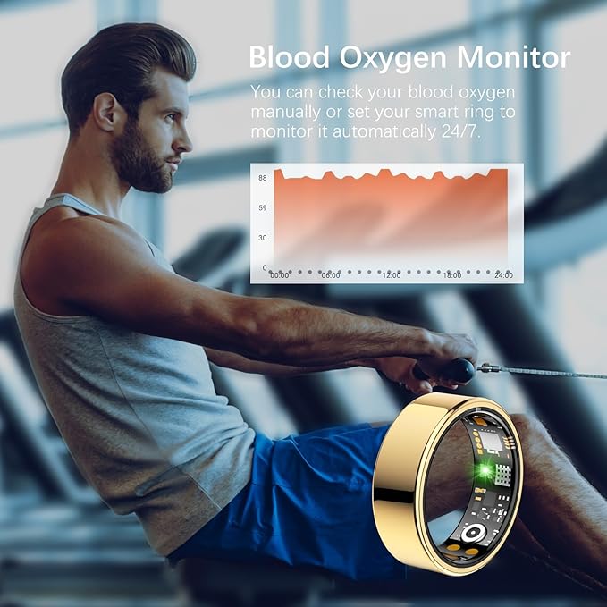Ring Health Tracker for Women Men, Fit Ring with Heart Rate, Blood Oxygen, Sleep Monitor, Calories, Step Counter, IP68 Waterproof Smart Ring for iPhone & Android, No Subscription Fee (Gold, 8#)
