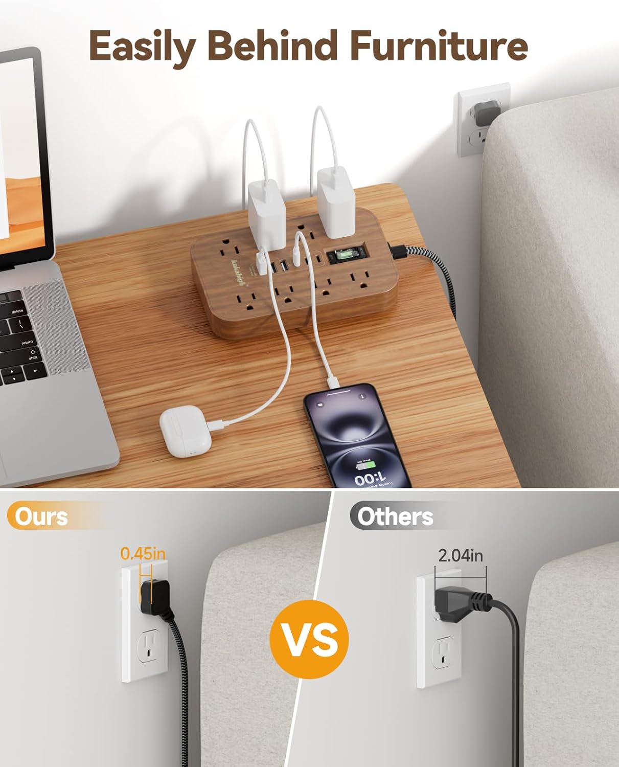 kakahigh 5 1625W 8 6 Walnut Power Strip with USB Ports - FT Wood Power Strip, Decorative Extension Cord with AC Outlet