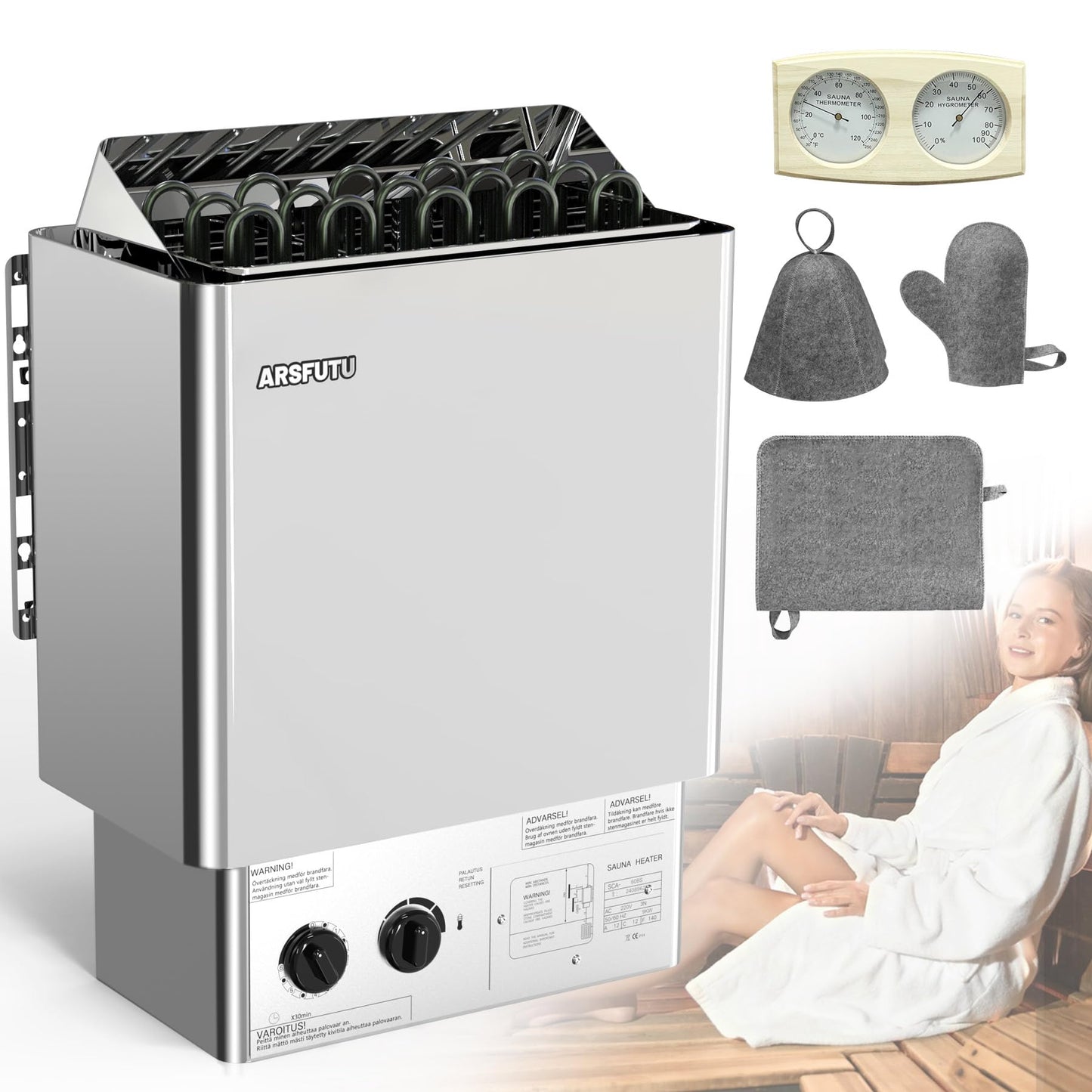 ARSFUTU Sauna Heater 9KW 220V Electric Sauna Stove with UL Test Report Thermo-Hygrometer Sauna Hat Set for 310-460 Cu.ft Home Hotel Spa Sauna Room