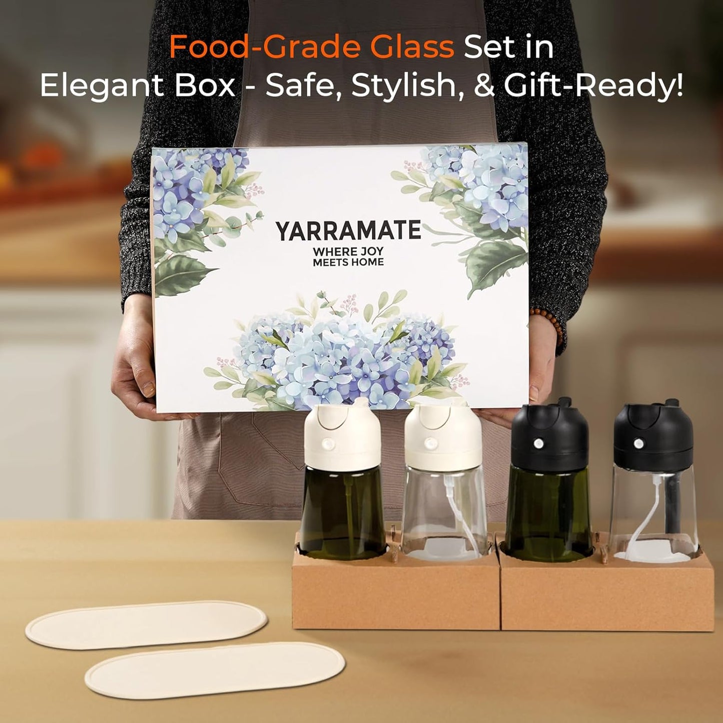 YARRAMATE Glass Olive Oil Sprayer Set - 4Pcs 16oz with Stickers, Non-Slip Mats & Cleaning Brush | Perfect Kitchen Gift