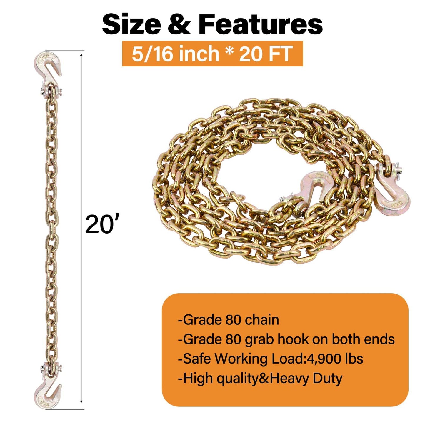 Lechansen 5/16"-3/8" Chain Binders Kit 4 Set, G80 Ratchet Load Binder 5/16 to 3/8 with G80 Transport Chain 5/16 Inch × 20 Feet, G80 Clevis Grab Hook, 5,400lbs Working Load Tie Down Kit for Towing