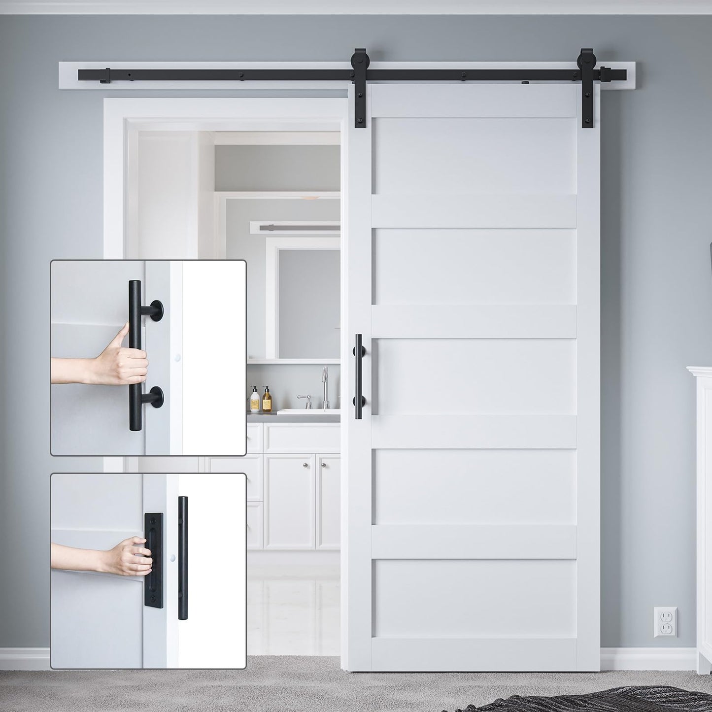 COSHOMER 36in x 84in Sliding Barn Door with 6.6ft Barn Door Hardware Kit & Handle, Pre-Drilled Holes Easy Assembly -Solid Barn Door Slab Covered with Water-Proof PVC Surface, White, 5 Panel