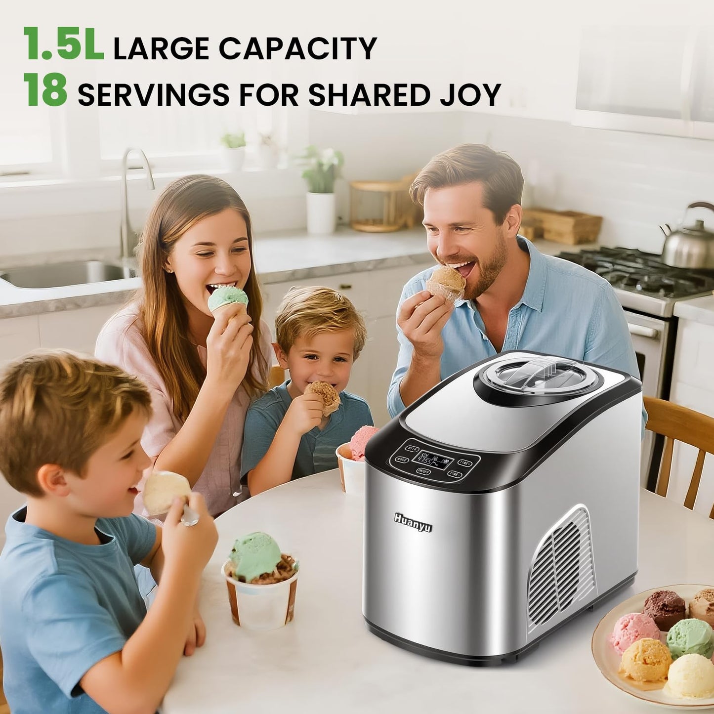 Huanyu Ice Cream Machines 1.5L Automatic Ice Cream Maker with Built-In Compressor | No Pre-Freezing, 3 Modes, LCD Digital Display & Timer