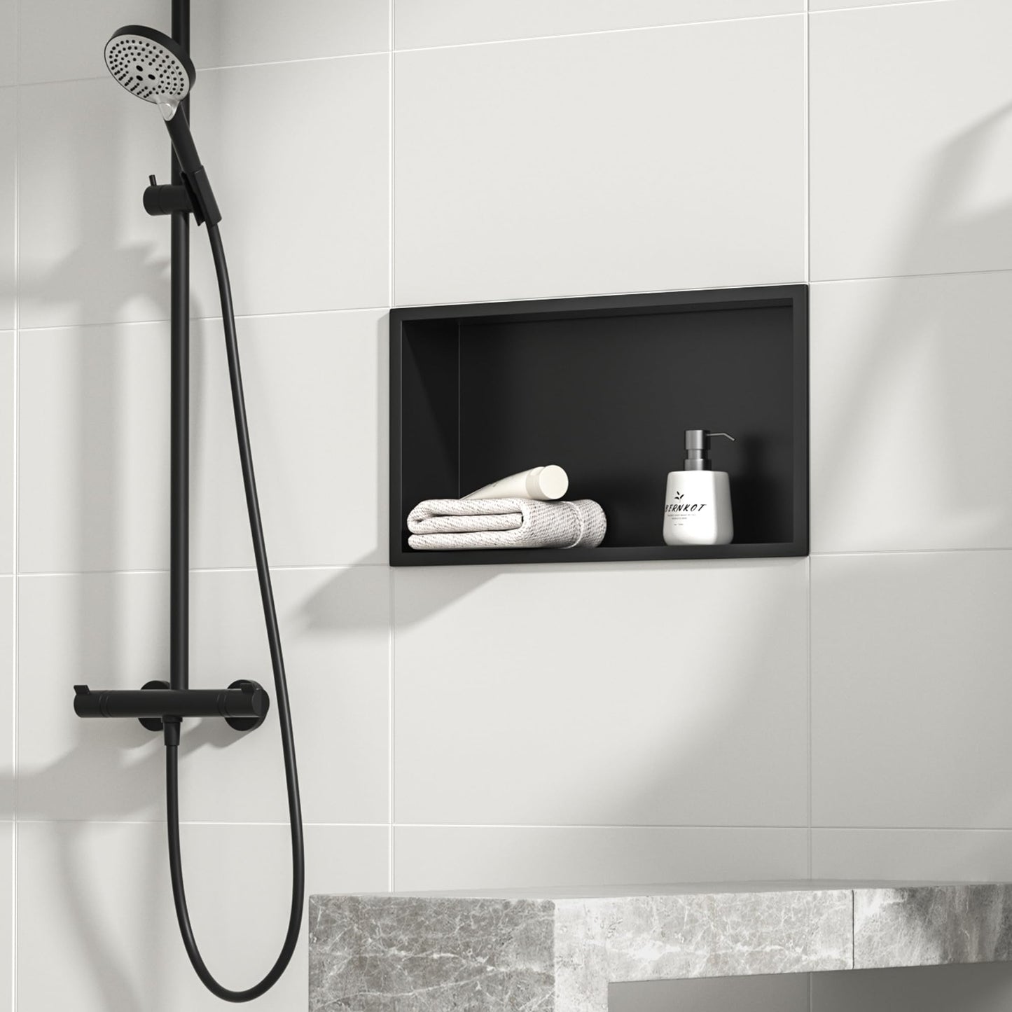 Bernkot Stainless Steel Shower Niche 24" X 12" Matte Black No Tile Needed Niche Shower for Bathroom Storage Recessed Wall Niches Bathroom Shelf Over Mount Installation