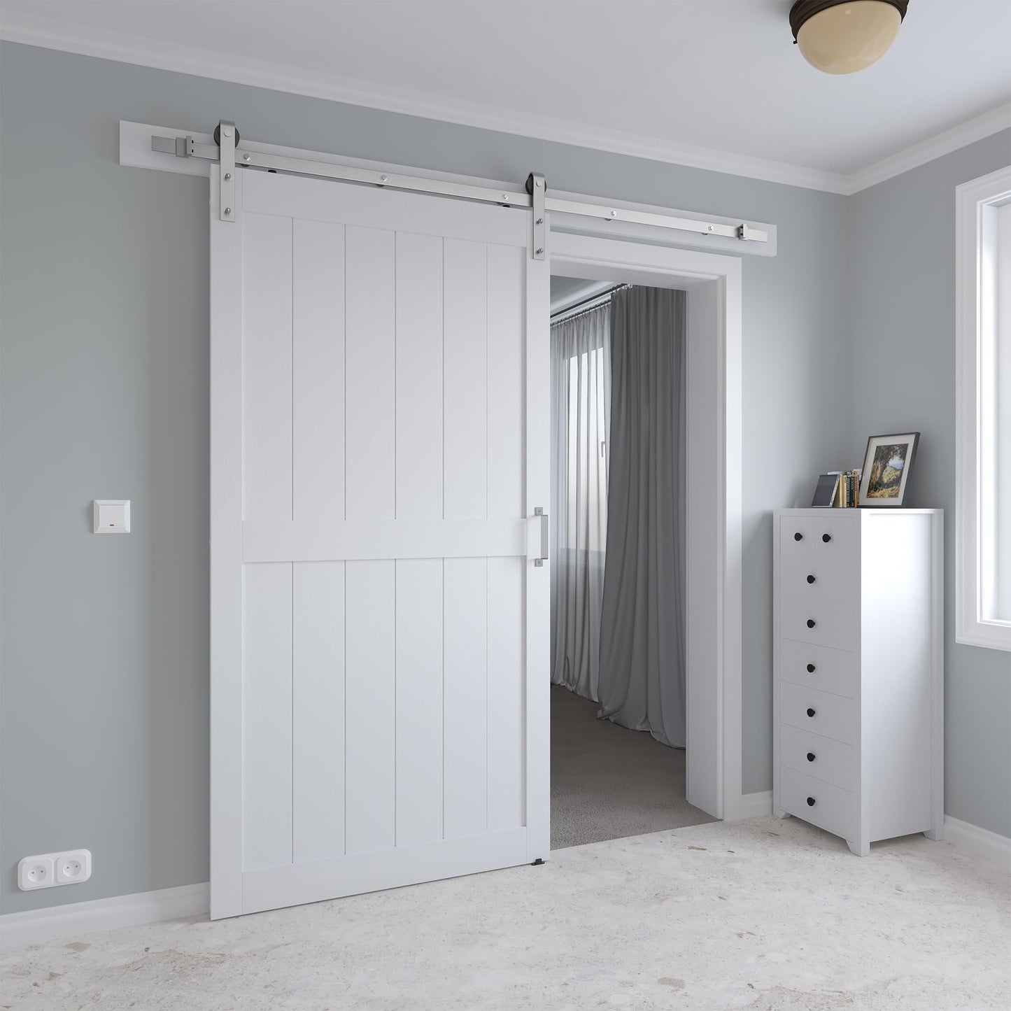 COSHOMER 42in x 84in White Sliding Barn Door with 7ft Brushed Nickel Hardware Kit & Handle, Pre-Drilled Holes Easy Assembly -Solid Barn Door Slab Covered with Water-Proof PVC Surface, H-Frame
