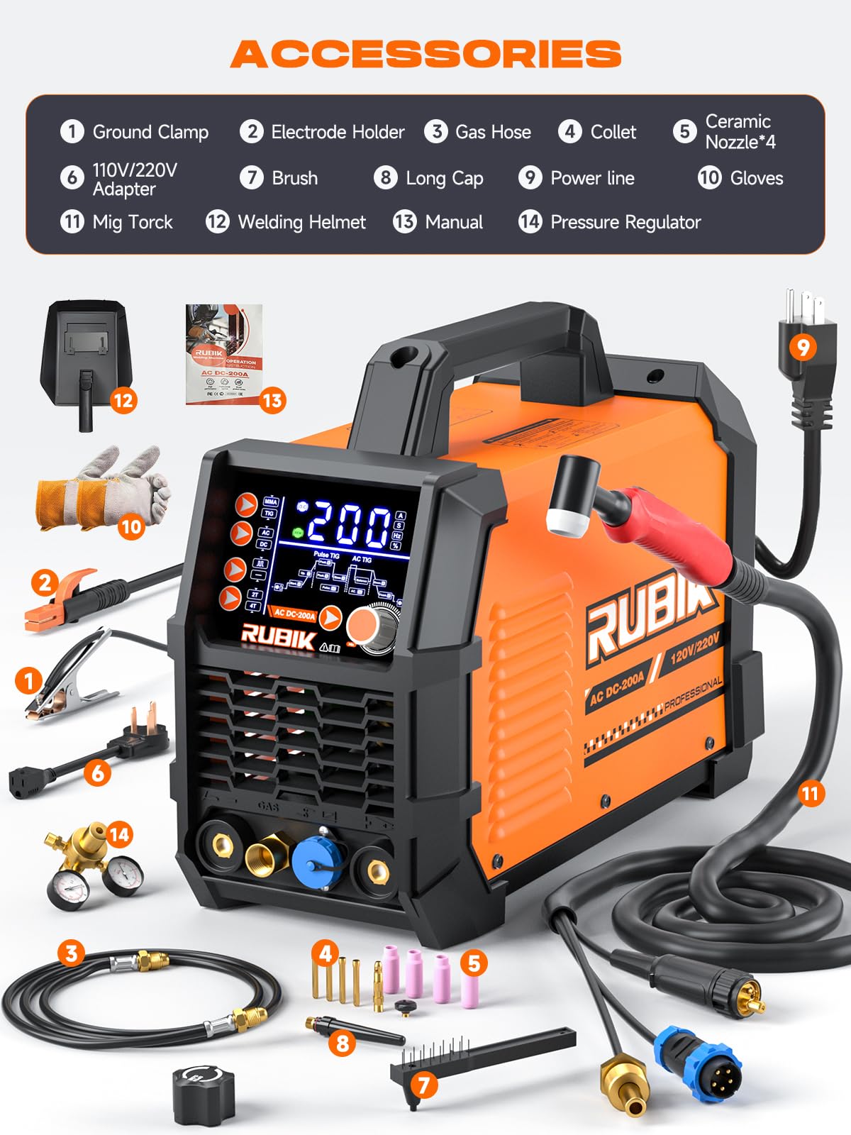 AC/DC Aluminum Tig Welder with Pulse, 200 Amp 6 in 1 Welder 110V/220V Dual Voltage Welder with Digital IGBT Inverter Square/Triangular Wave/Stick/Tig/Spot MultiProcess TIG Welding Machine