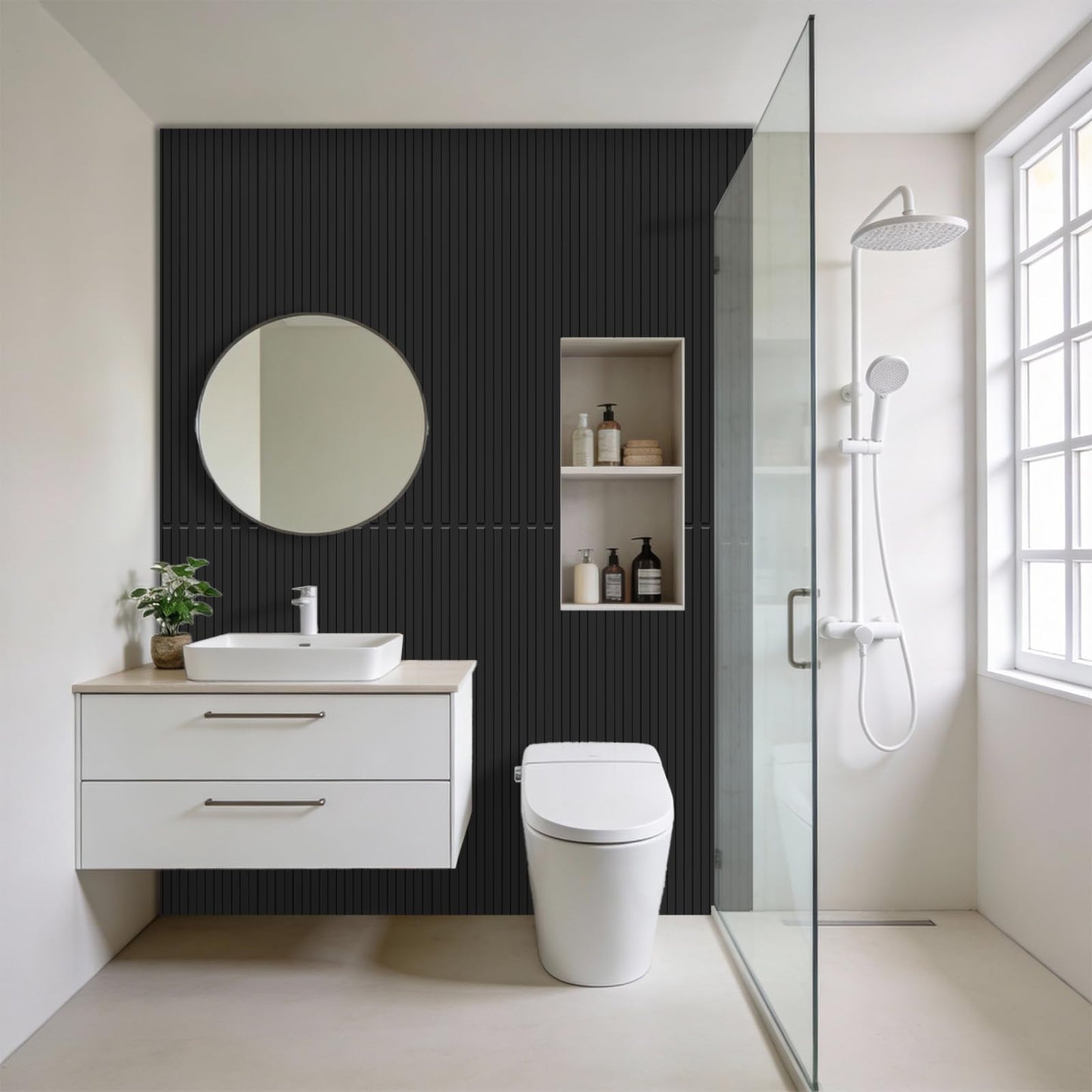 RITOLLO 8-Pack PVC Slat Wall Panels for Interior Wall Decor, 24x48in 3D Fluted Panels, 2x4 FT Cuttable Drop Ceiling Tiles for Bathroom, Studio and TV Background, Water-Proof & Renter-Friendly(Black)