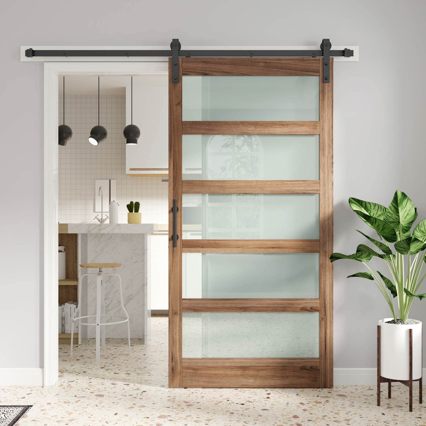 FREDBECK 38 x 80 inch Glass Barn Door with 6.6FT Barn Door Hardware Kit & Handle Included,5-Panel Frosted Glass, Water-Proof Surface,Pre-Drilled Holes,Need Assembly