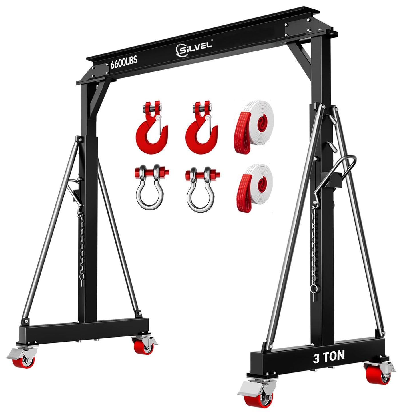SILVEL 3 Ton 6600Lbs Gantry Crane, 8.53FT Maximum Working Width, Adjustable Height 8.53-12.47FT, Portable Shop Lift Hoist with 3 Ton Manual Trolley for Factories, Warehouses, Garage, Black