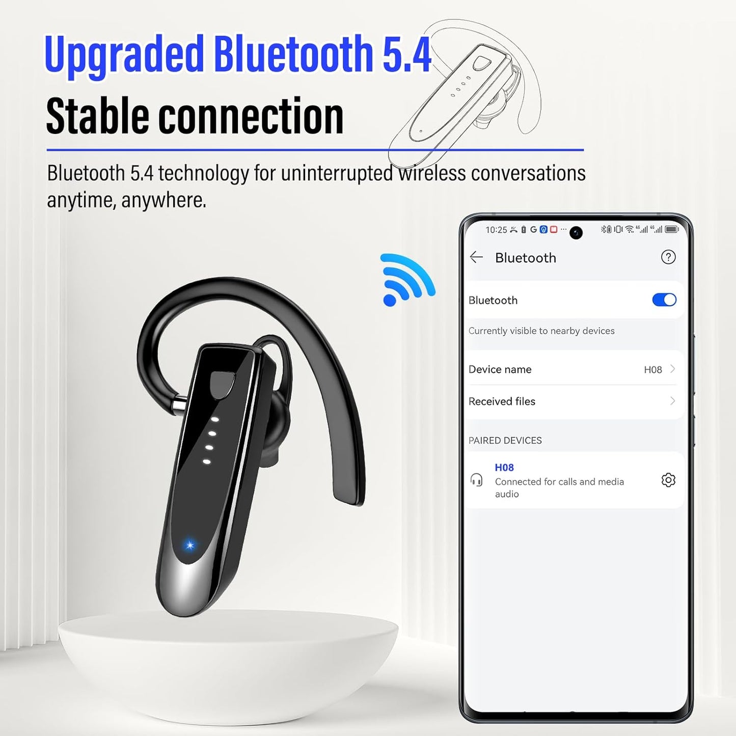 20Hrs 5.4 Headset, 180 Headset Atheewon Bluetooth Earpiece, Wireless Handsfree with Noise Cancelling Mic, Call Time