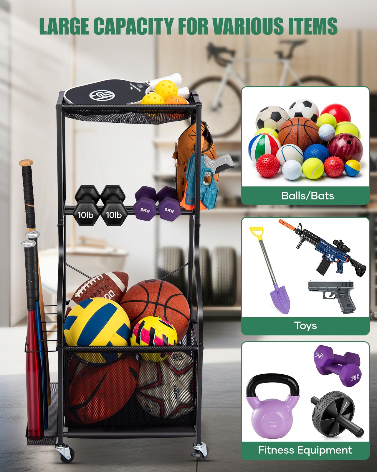 EXTCCT Sports Equipment Garage Organizer - Rolling Ball Storage with wheels, 3-Tier Sports gear Storage Rack Indoor & Outdoor Balls Cart with Hooks for Home, Garage (Black)