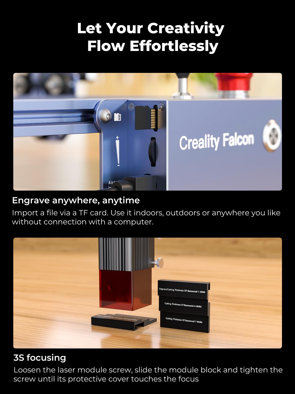 Creality 10W Laser Engraver, Falcon Pro with 3-in-1 Laser for Wood Engraving, 72000mW Efficient Laser Engraving Machine Fit, for Wood, Metal, Paper, Acrylic, Leather, Glass Tumbler Ring, 17" x 16"
