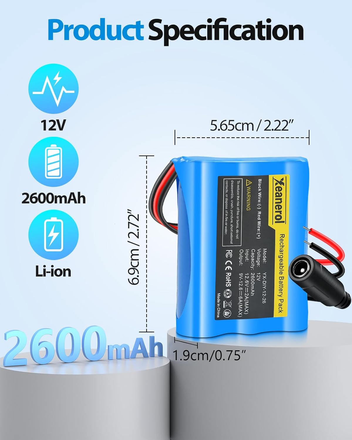 Xeanerol 12V 2600mAh Pack 12 Rechargeable Li-ion Battery with Charger, Bare Leads Wire Replacement Lithium Battery