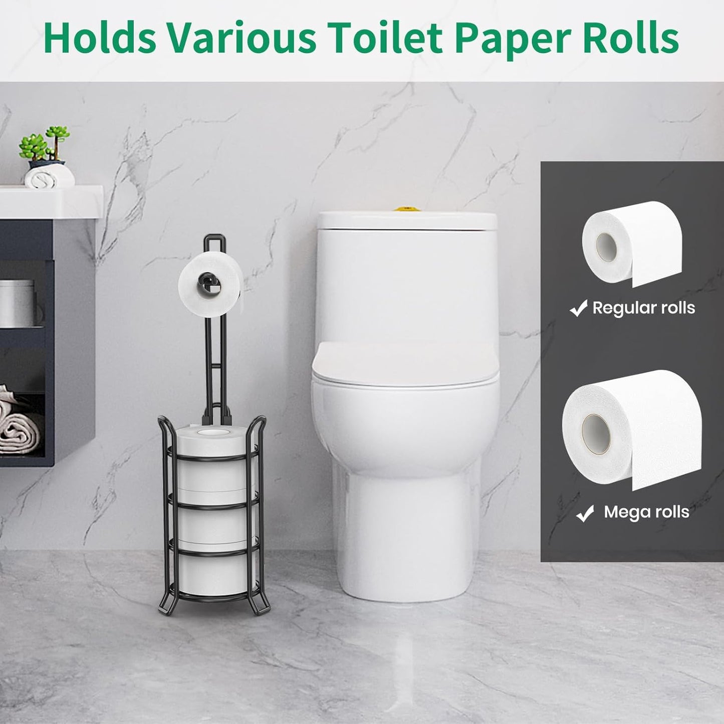 TomCare Toilet Paper Holder - Free-Standing Metal Wire Dispenser for 3 Spare Rolls | Black Bathroom Organizer