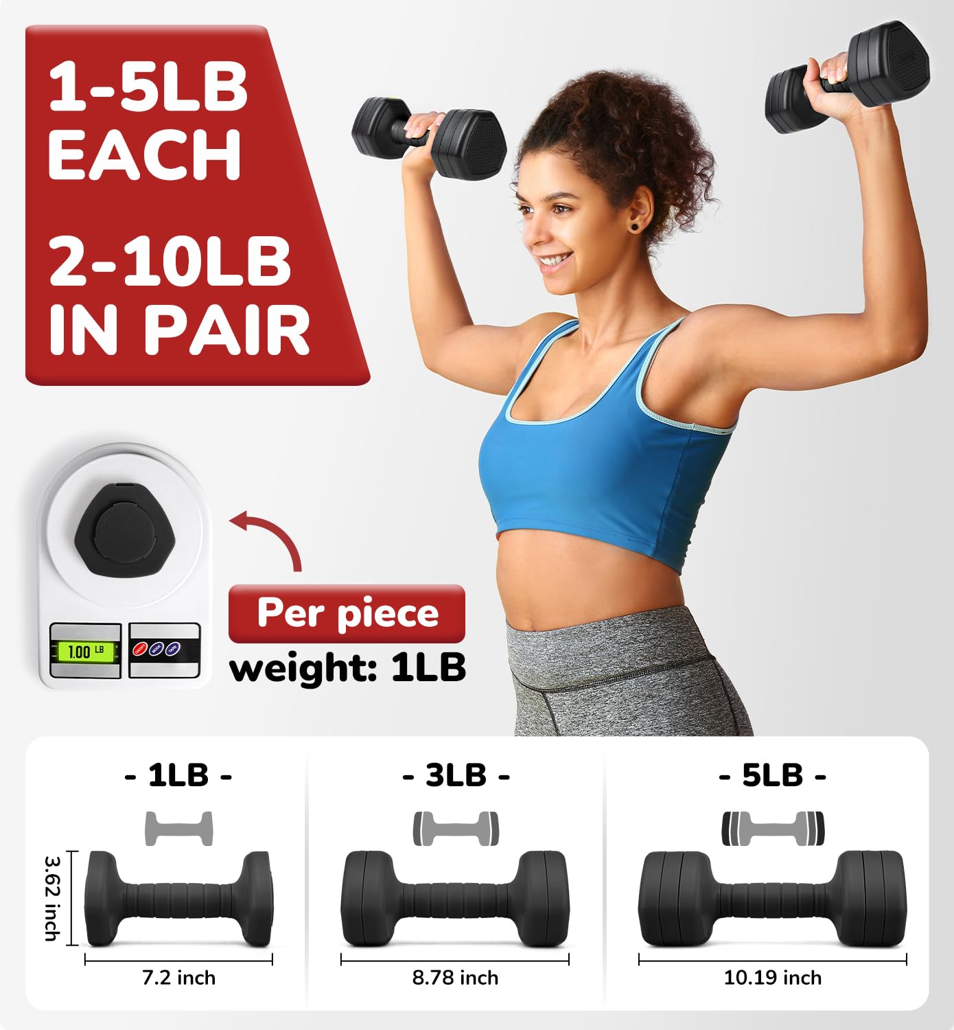 Adjustable Dumbbell Set of 2, 10LBS Hand Weights for Women Men 3-in-1 Free Weight Dumbbells Sets at Home, Each 1lb 3lb 5lb for Home Gym Exercise Workout Strength Training Equipments Black