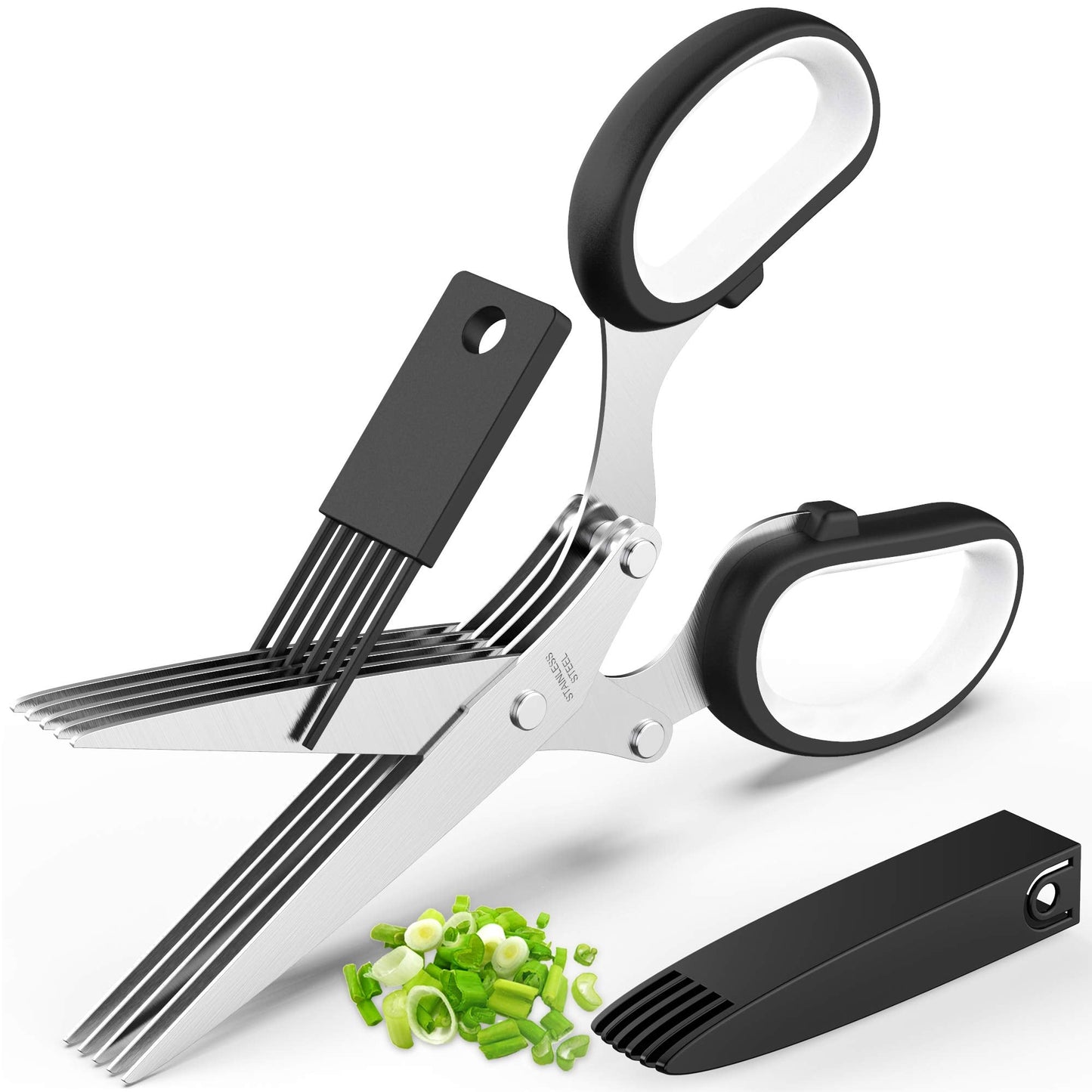Herb Scissors with 5 Blades and Cover, Kitchen Herb Cutter with Cleaning Comb, Stainless Steel Multi Blade Herb Shears for Basil Parsley Cilantro, Easy Clean Cooking Tool, Unique Kitchen Gadgets Gift