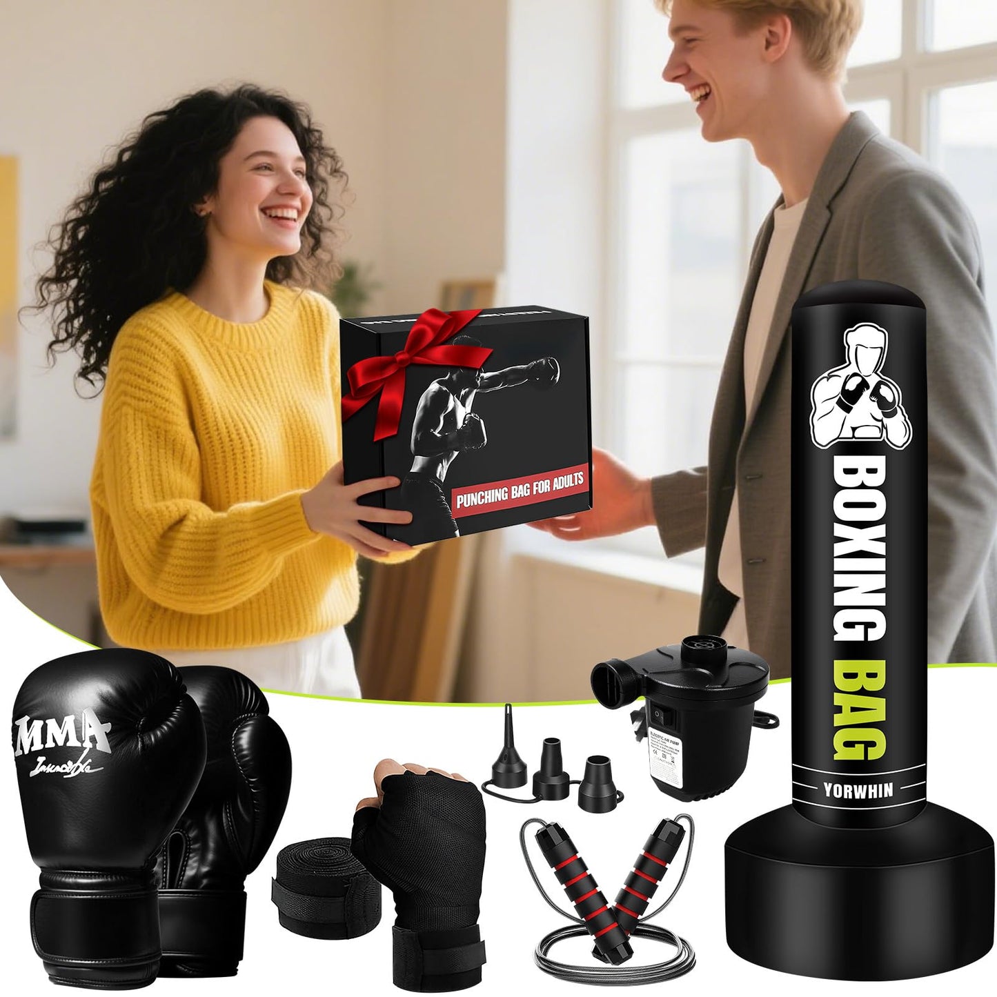 Freestanding Punching Bag for Adults Teens, 70'' Heavy Boxing Bag with Stand with Gloves, Pump and Jump Rope, Women Men Standing Kickboxing Bag for MMA Training Muay Thai Fitness Karate Home Gym
