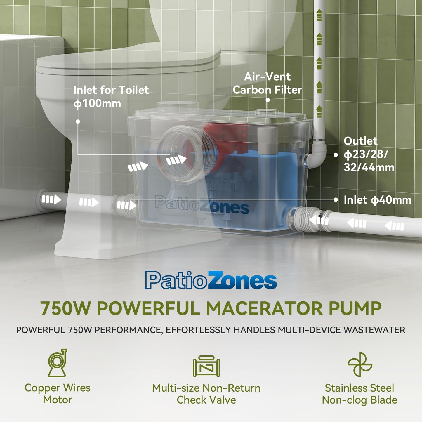 36ft HIGH POWER Macerating Toilet System, Upflush Toilet with Macerator Pump, Copper Motor Pump with 4 Inlets for Basement/Kitchen/Sink/Shower, Two-Piece Elongated Tall Toilet