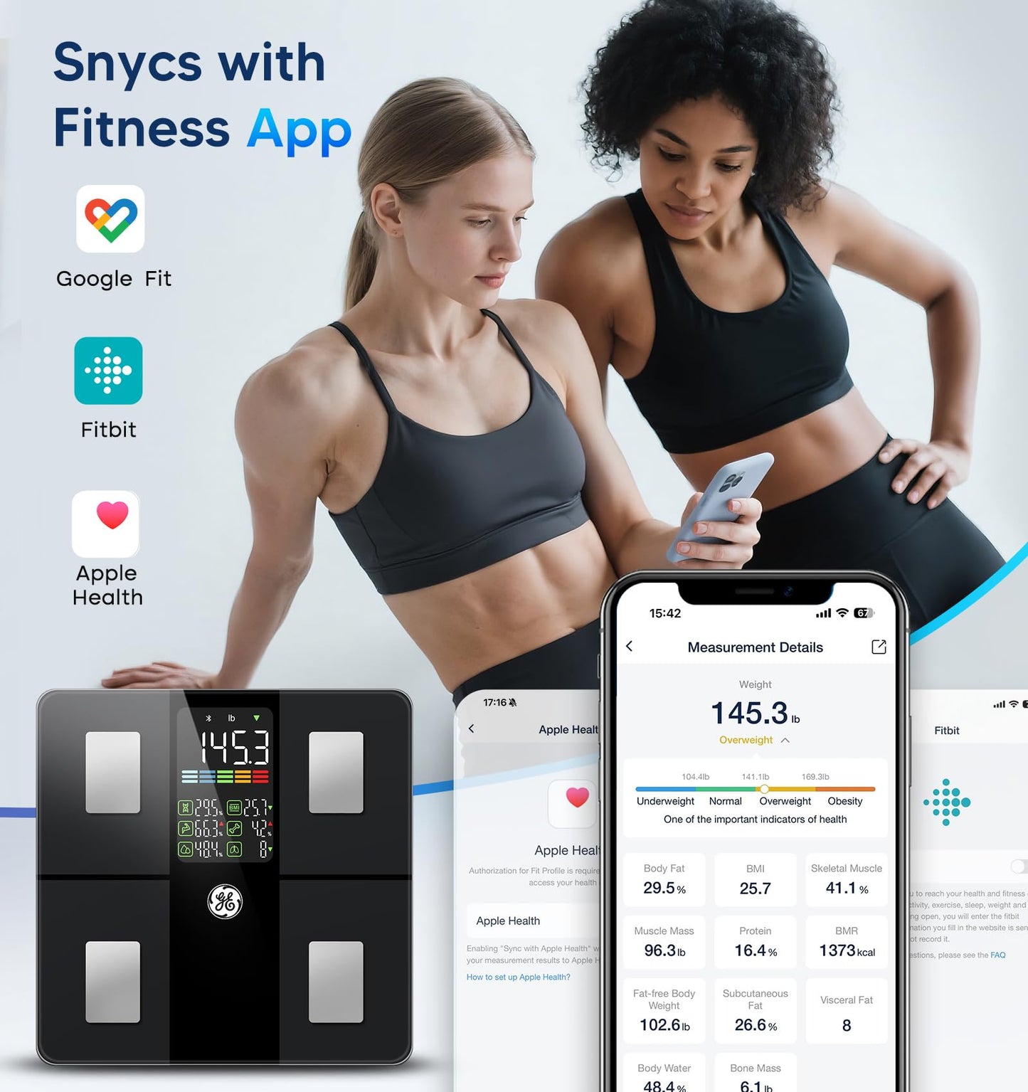GE Scale for Body Weight, Body Fat, BMI, Muscle Mass, Smart Bathroom Scales with 14 Body Composition Metrics with Large Display, Accurate Bluetooth Weighing Machine with Fitness App, 400 lbs, Black