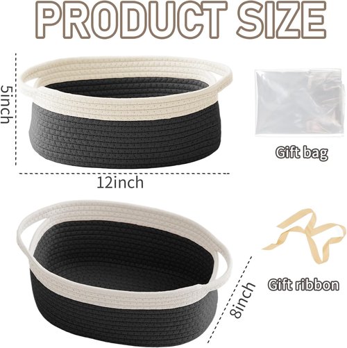 JMvicyroam Woven Storage Baskets - Small Rope Organizer with Handles | White & Black, 2-Pack for Gifts & Toys